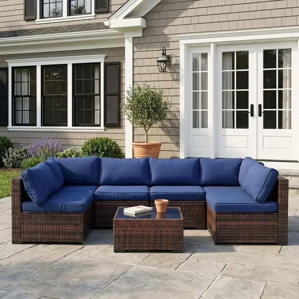 7-Piece Outdoor Patio Furniture Set Cushions Weather Resistant Rattan Glass Table