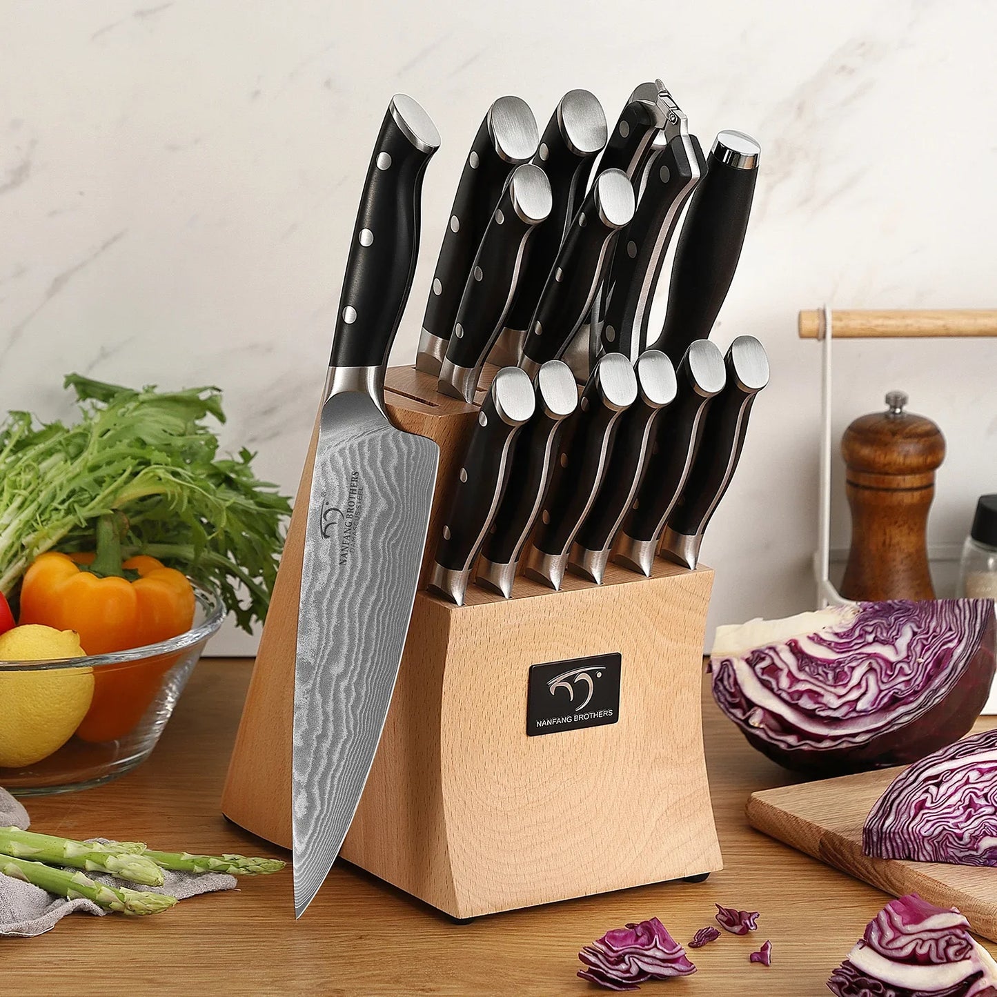 Professional VG10 Damascus Kitchen Knife Set with Block &amp; Sharpening Rod