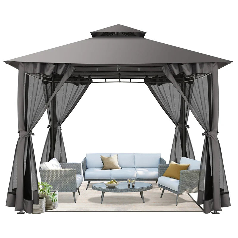 10 × 10-Foot Double-Roof Patio Gazebo with Mosquito Netting