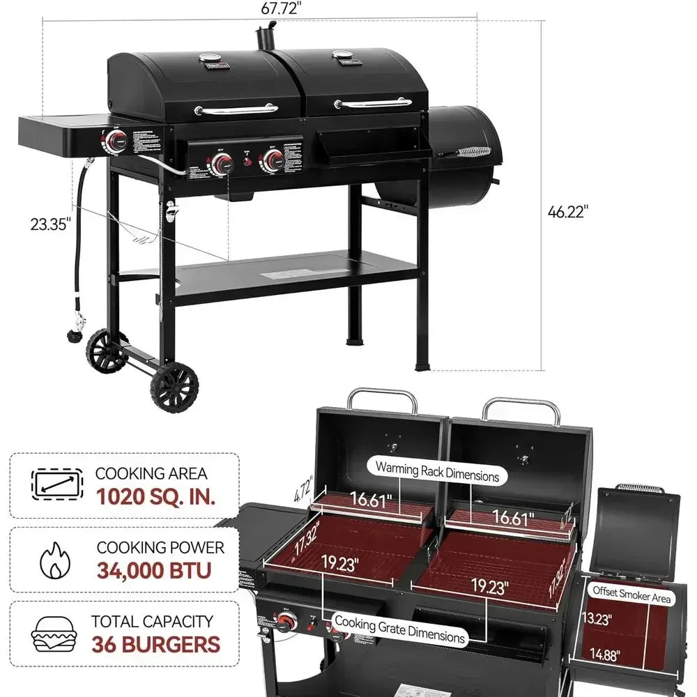 4-in-1 Dual-Fuel Gas & Charcoal Grill with Smoker & Side Burner
