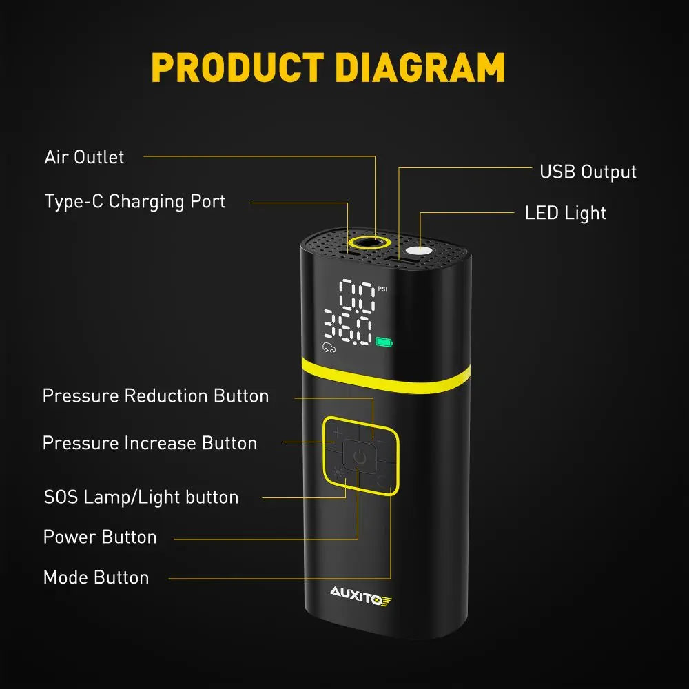 AUXITO Car Jump Starter Air Pump Power Bank Lighting Portable Air Compressor 4 In 1 Cars Battery Starters Auto Tyre Inflator