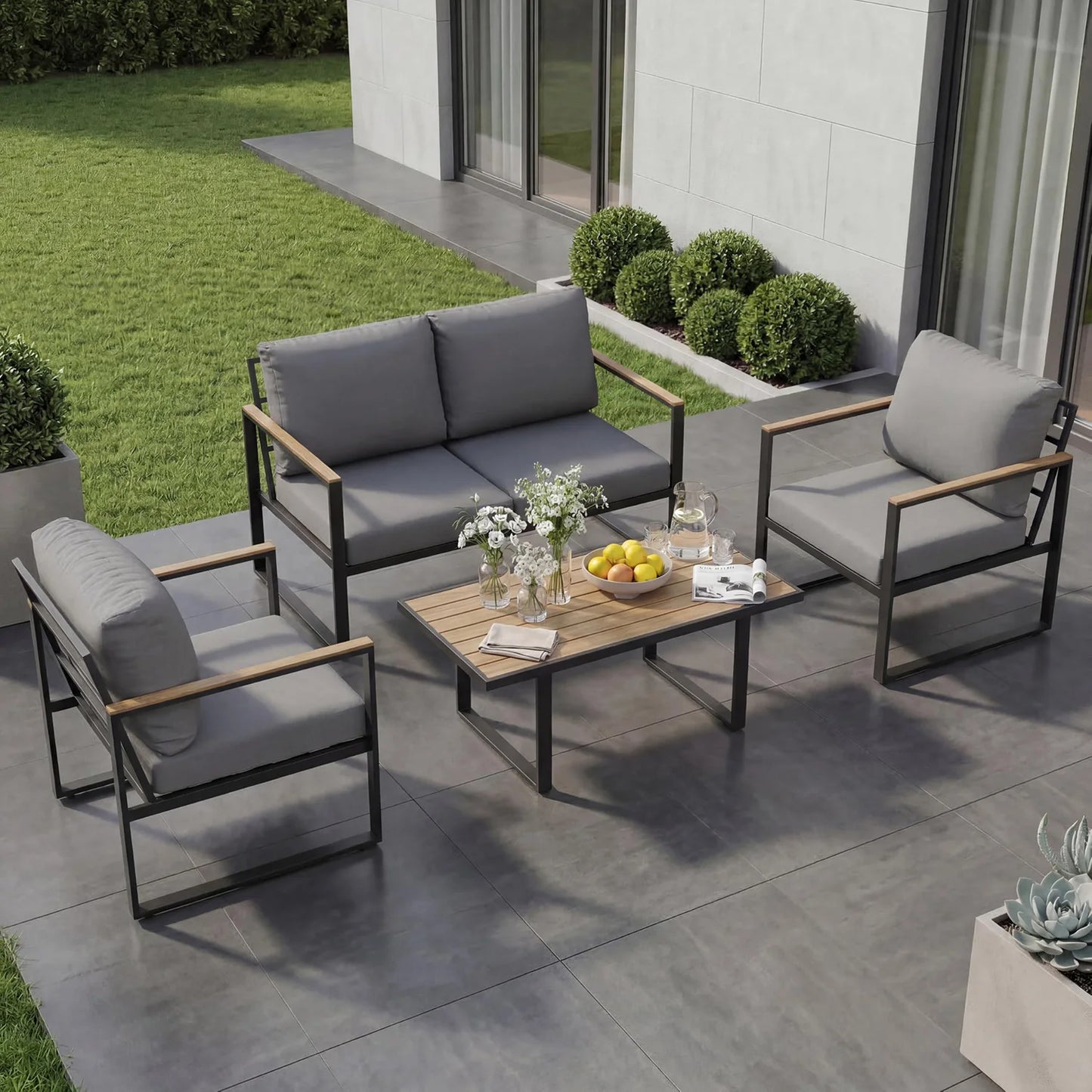 Modern Outdoor Patio Furniture Set With Cushioned Sofa Coffee Table