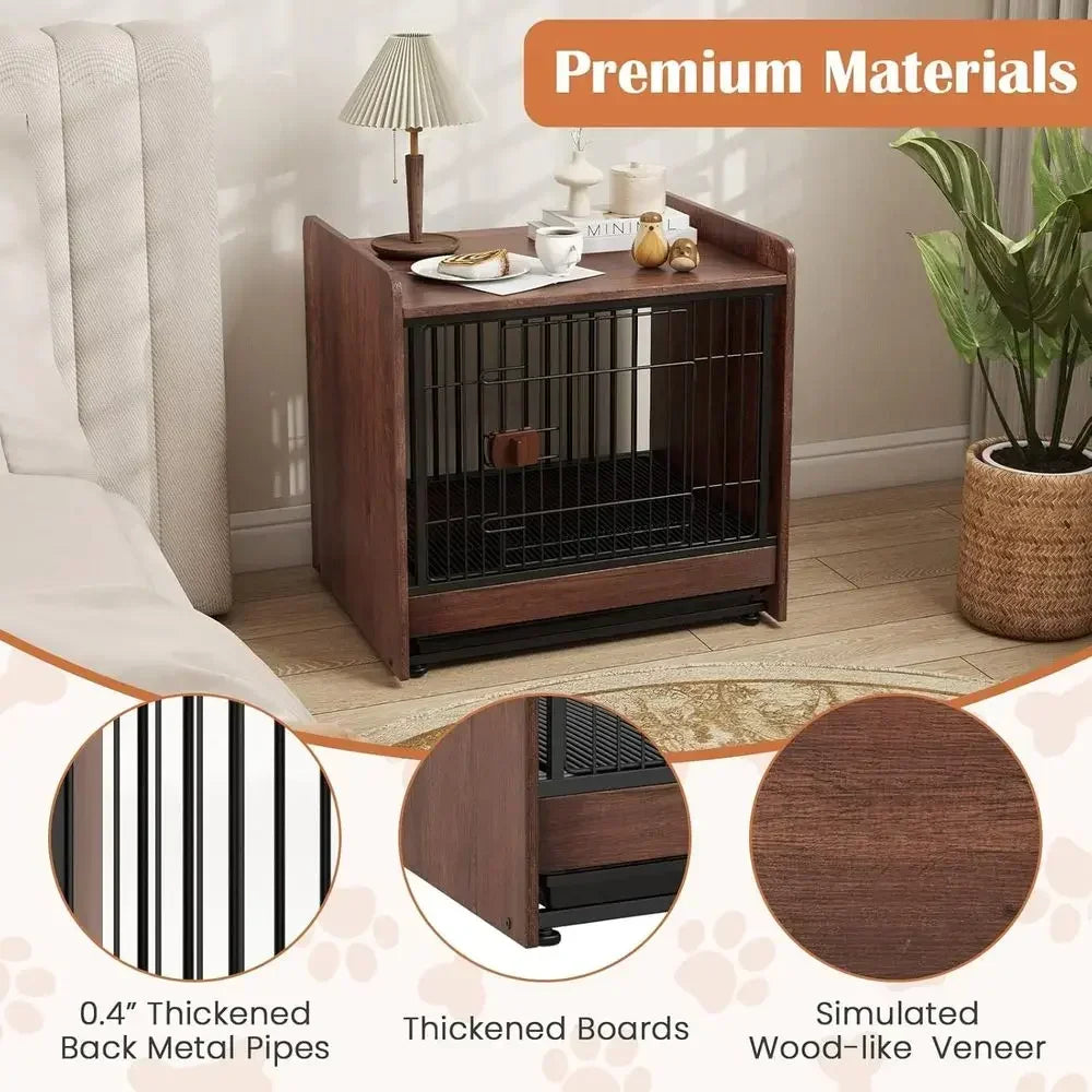 Small Wooden Dog Crate End Table with Removable Tray