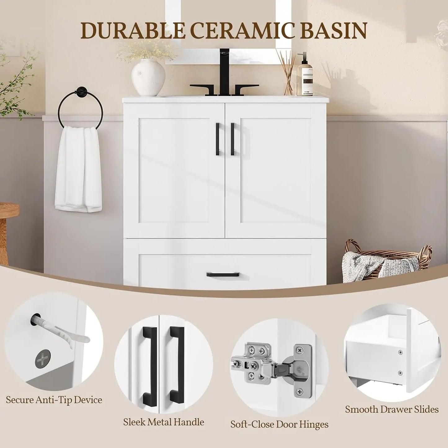 Freestanding Bathroom Vanity With Ceramic Basin And Soft Closing Doors