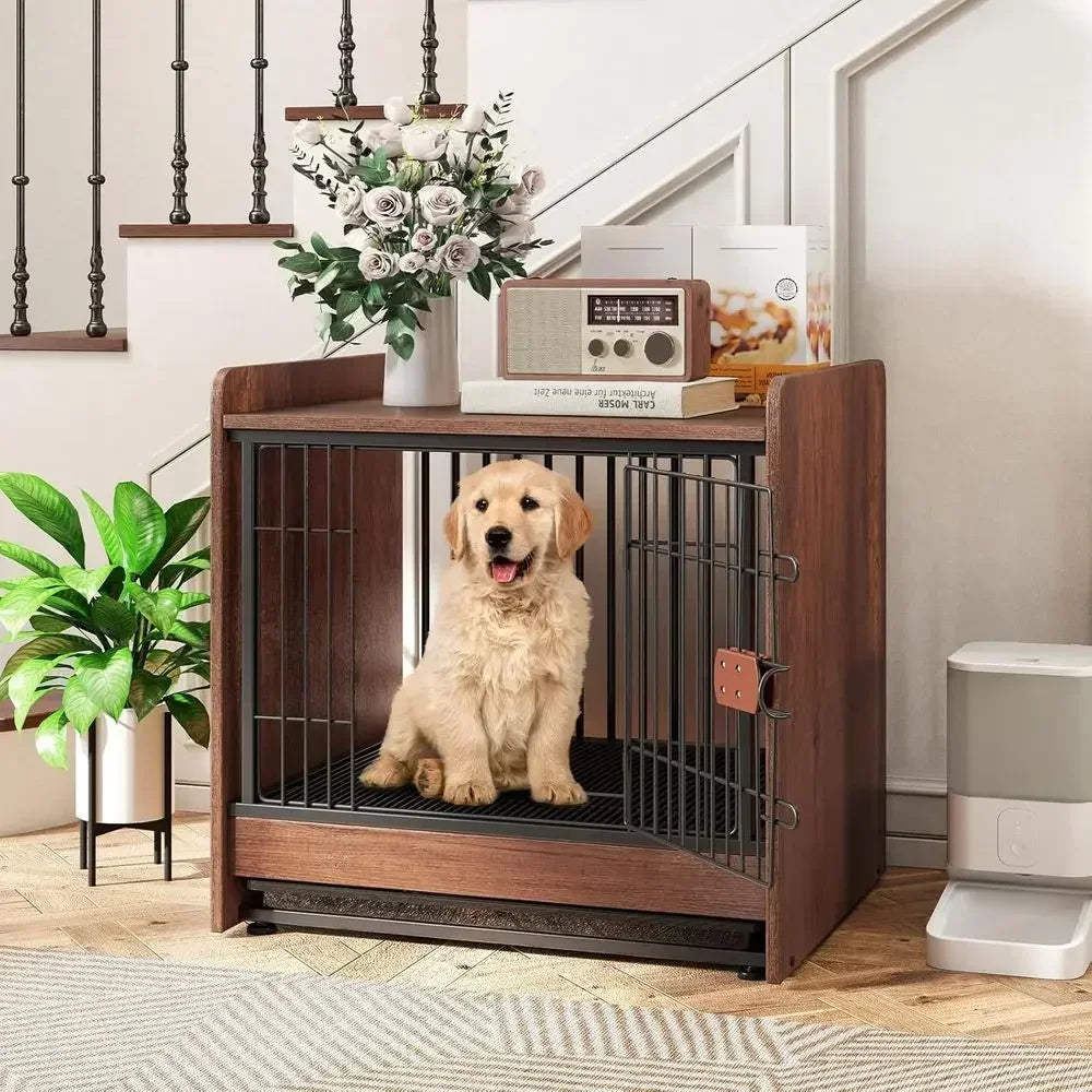 Small Wooden Dog Crate End Table with Removable Tray