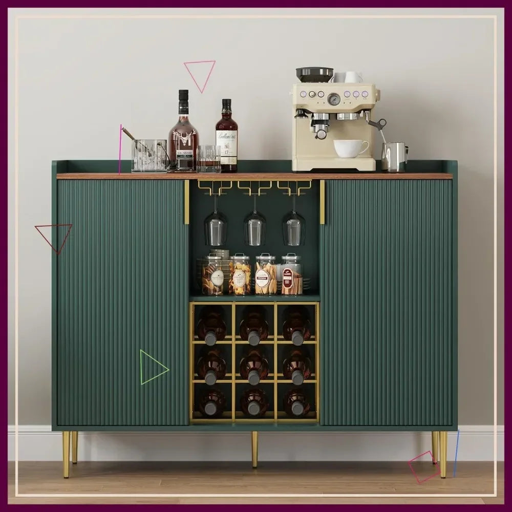 Modern Fluted Wood Wine Bar Cabinet With Glass Holder