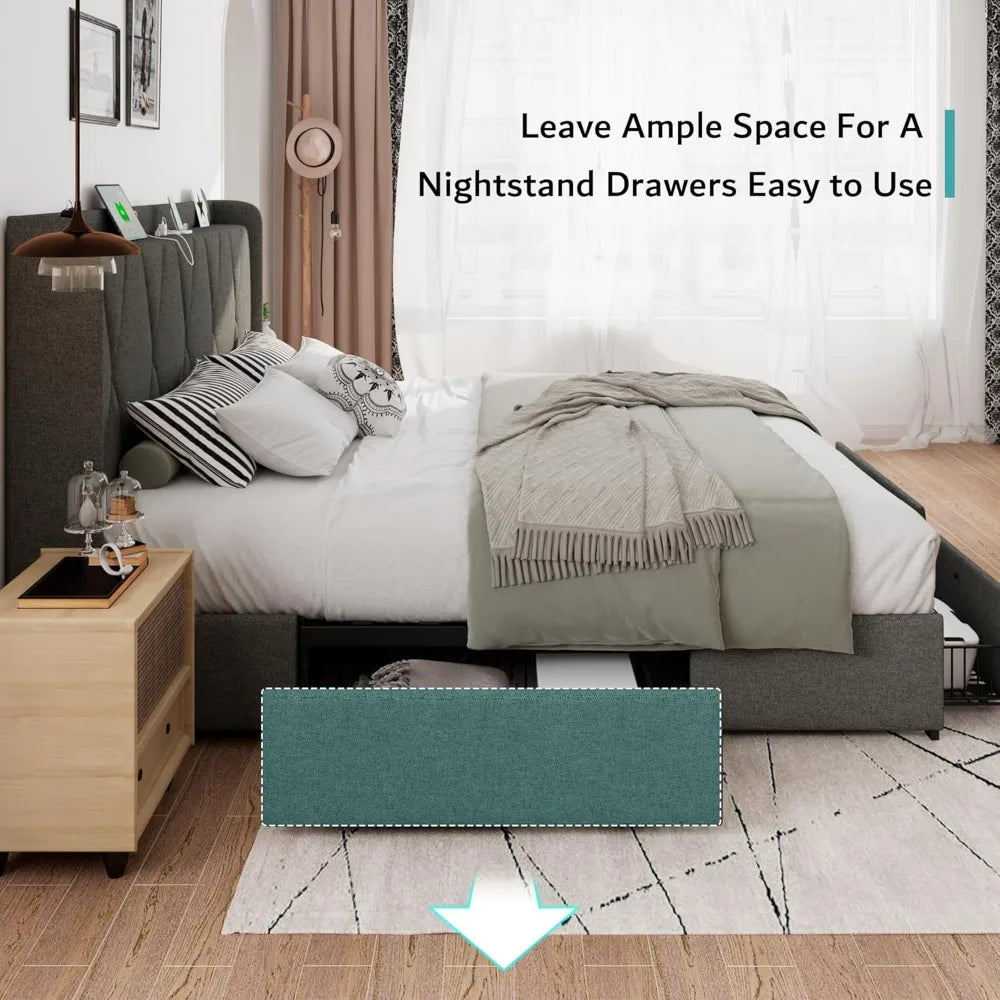 Upholstered Wingback Platform Bed With Storage Drawers And USB Charging
