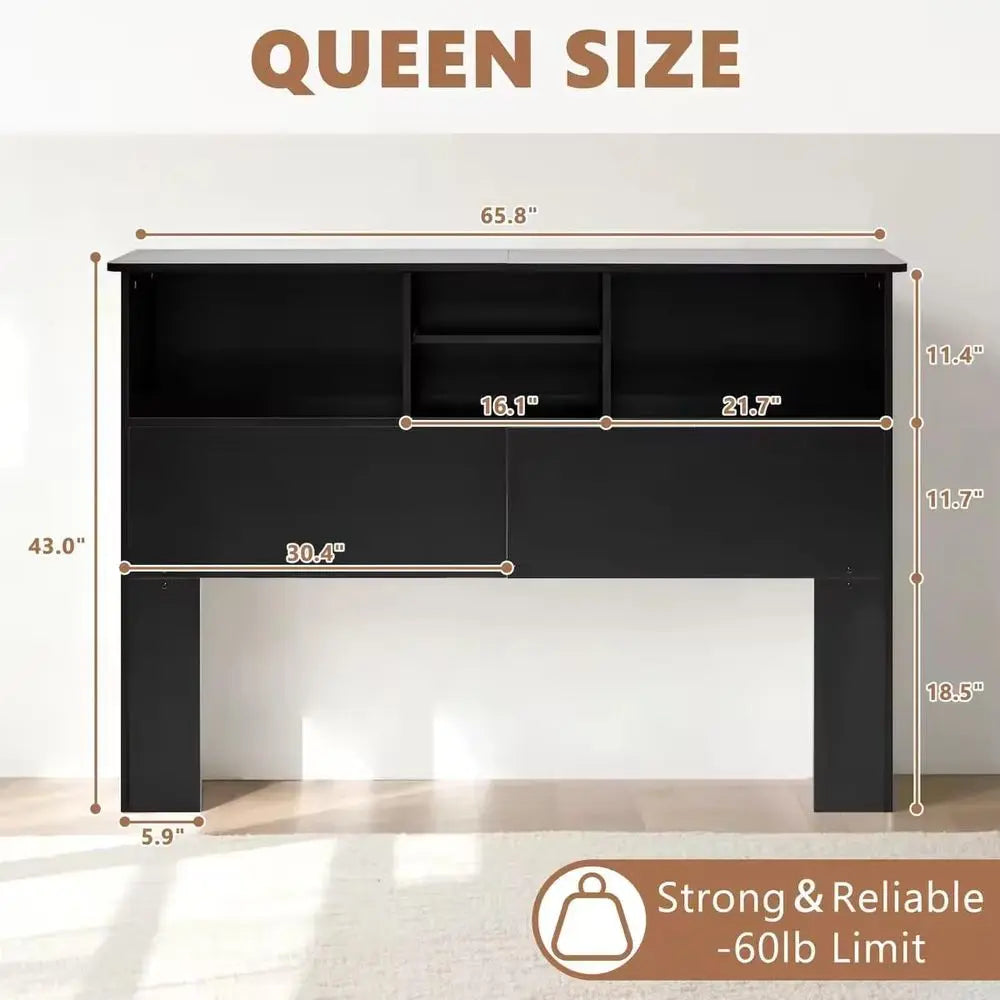 Wood Headboard With Storage And Adjustable Shelves With Four Compartments