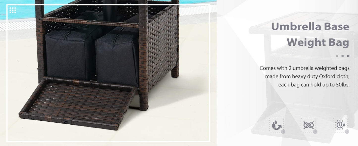 Wicker Patio Umbrella Stand With Side Table And Weight Bags