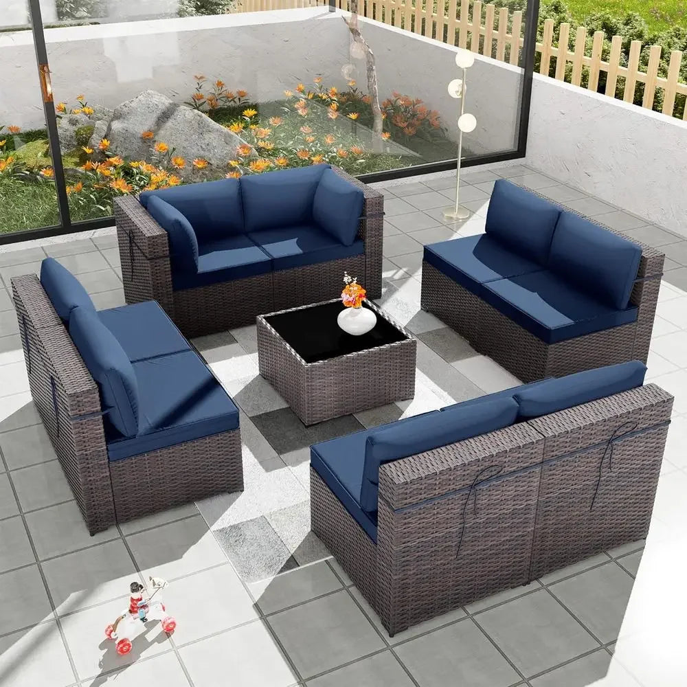 9-Piece Outdoor Patio Set With Rattan Wicker And Glass Coffee Table