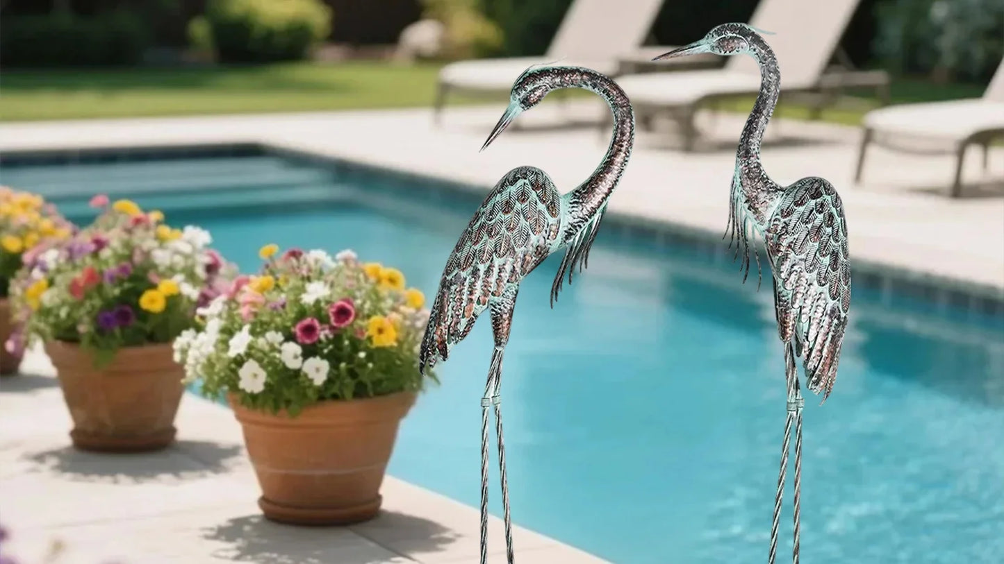 Patina Metal Heron Yard Statue For Garden And Pond Decor