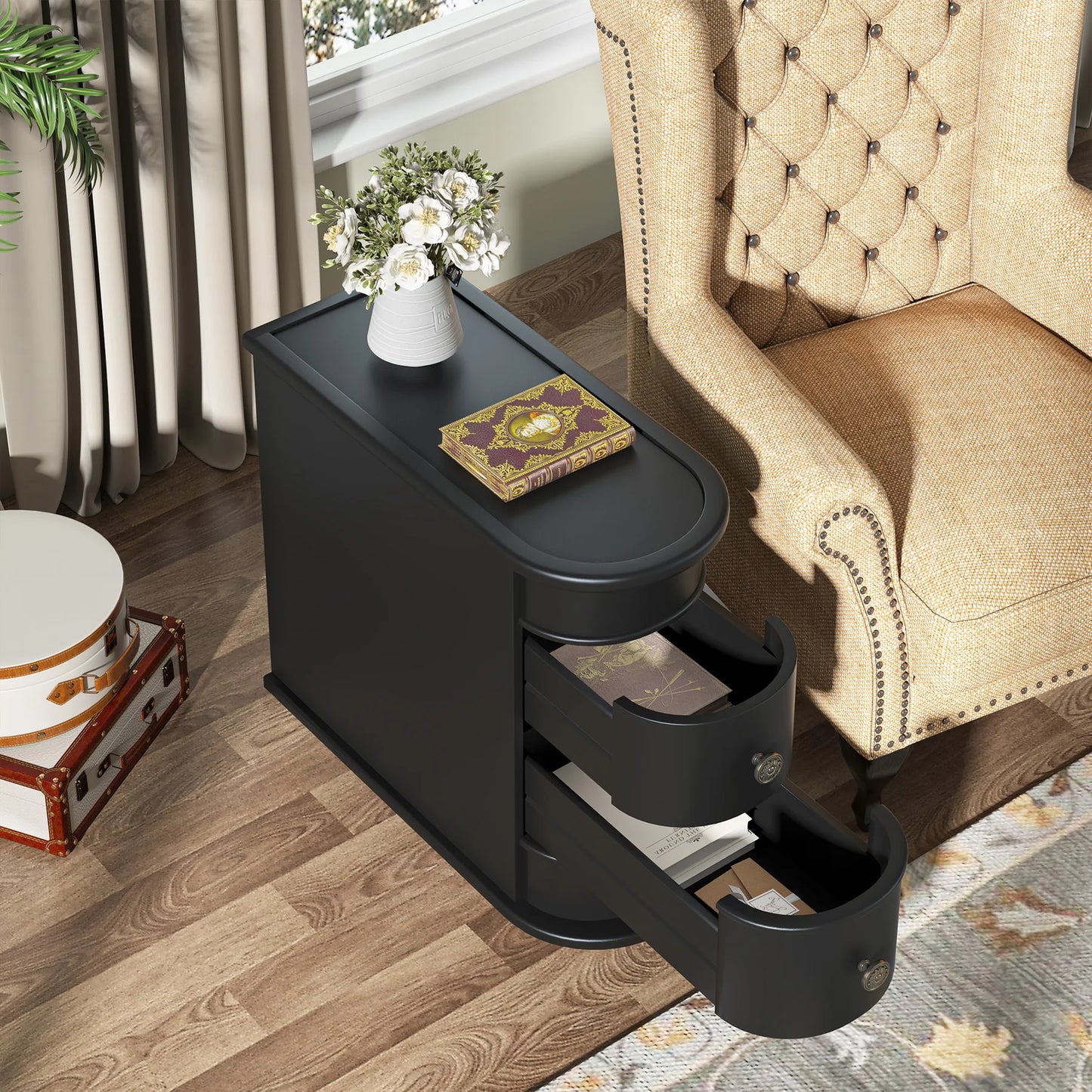 Tribesigns Round Solid Wood End Table With Drawer Nightstand
