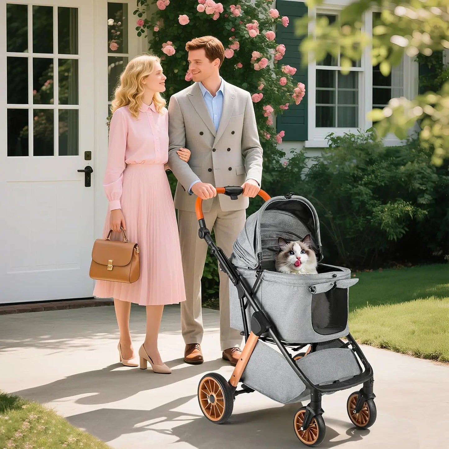 JHK 3 Wheels Foldable Pet Stroller for Small Dogs and Cats Stroller with Mesh Windows Storage Basket Cup Holder for Outdoor Use