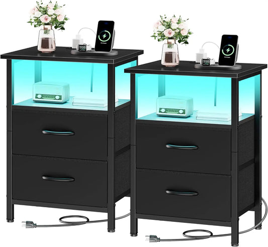 Two Piece Nightstand Set With LED Lighting And Charging Dock