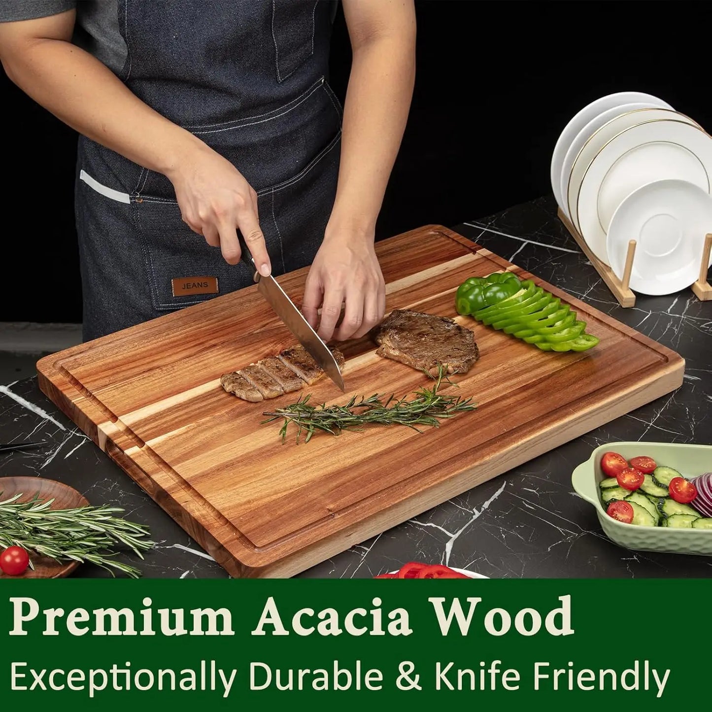 Premium Acacia Wood Butcher Block Cutting Board With Side Handles