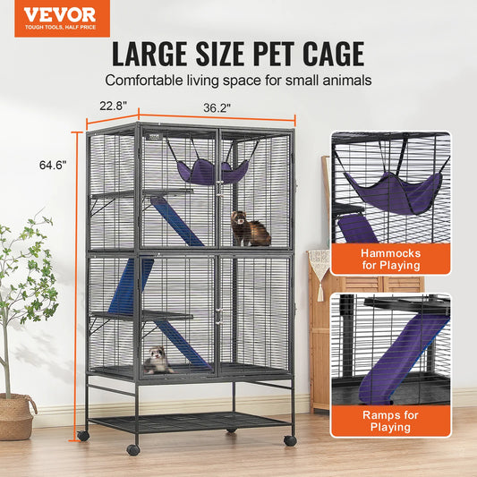Multi-Level Metal Ferret Cage for Small Pets with Hammock and Ramps