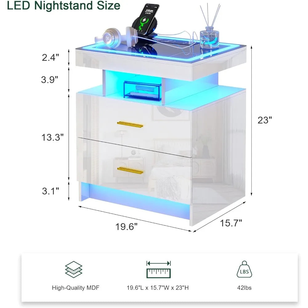 LED Nightstand With USB C Charging Station And 2 Drawers