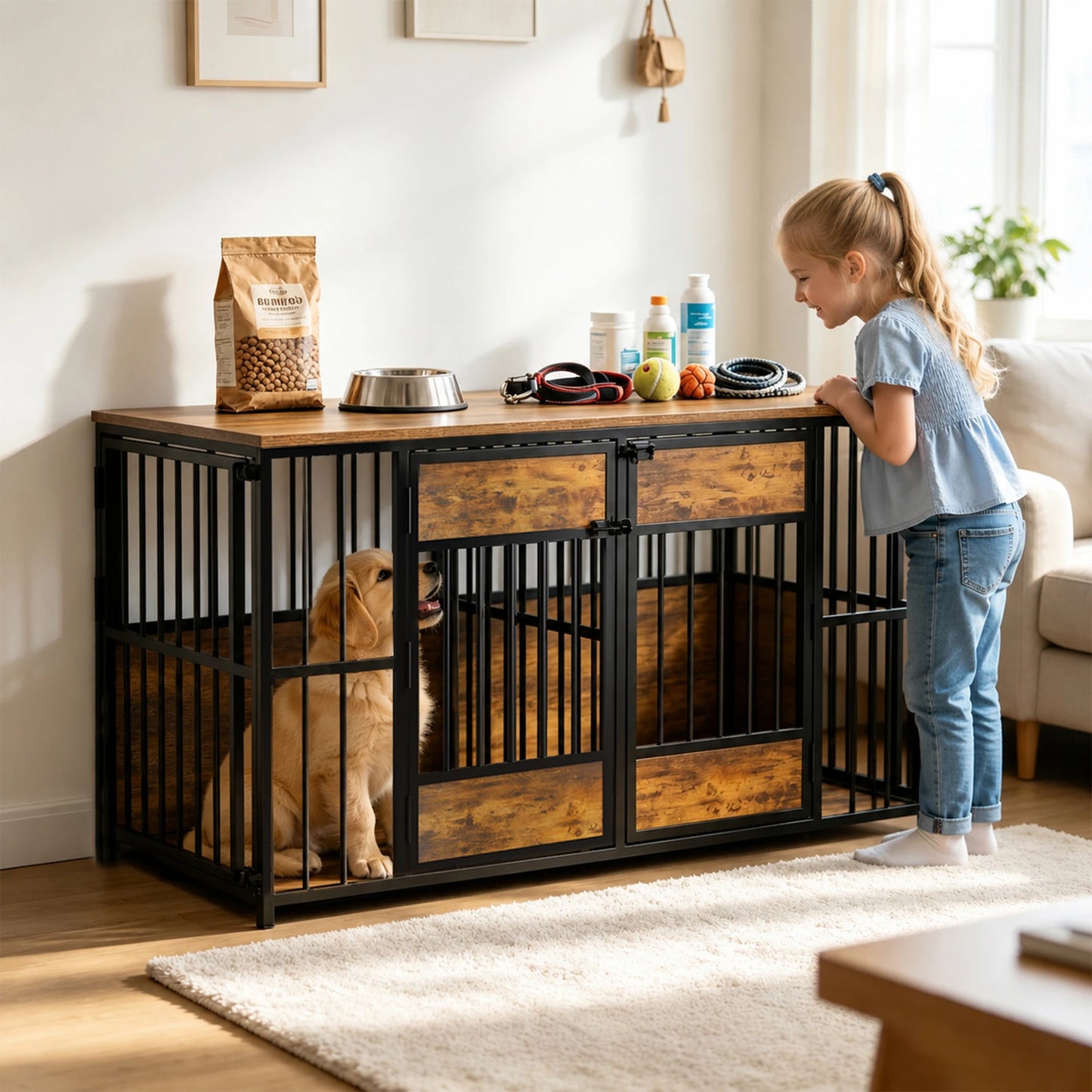 47.2-Inch Double Dog Crate Furniture with Storage Drawers and Tabletop