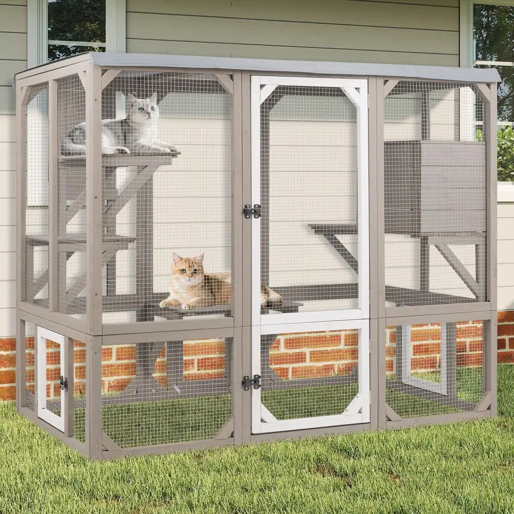 Wooden Outdoor Cat Catio with Platforms &amp; Resting Box