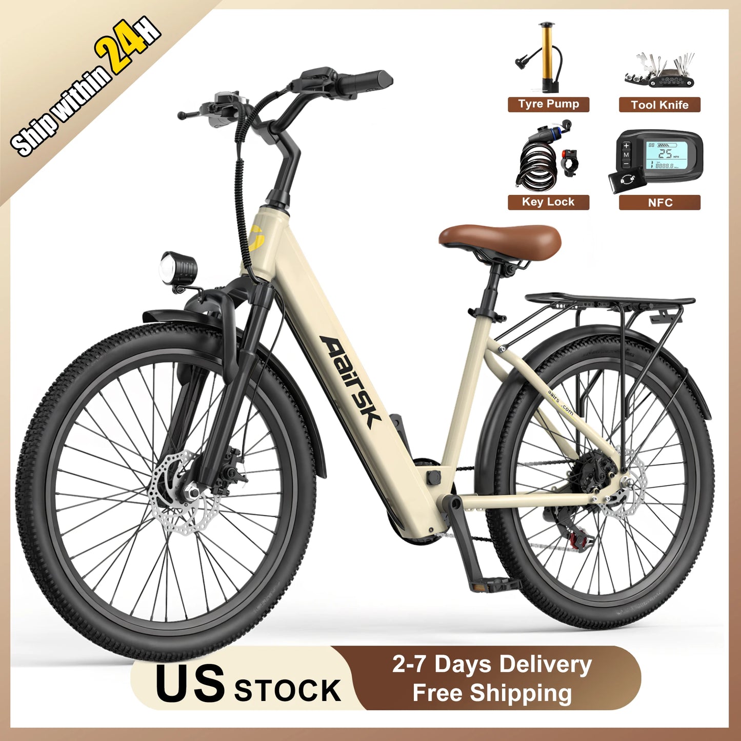 Electric Bike Adults 40Miles 23MPH Commuting Electric Mountain Bike 468Wh Lithium Battery,7-Speed,24" Tire Front Fork Suspensio
