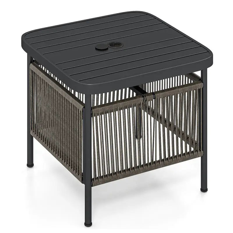Outdoor Side Table With Umbrella Hole And Storage Shelf