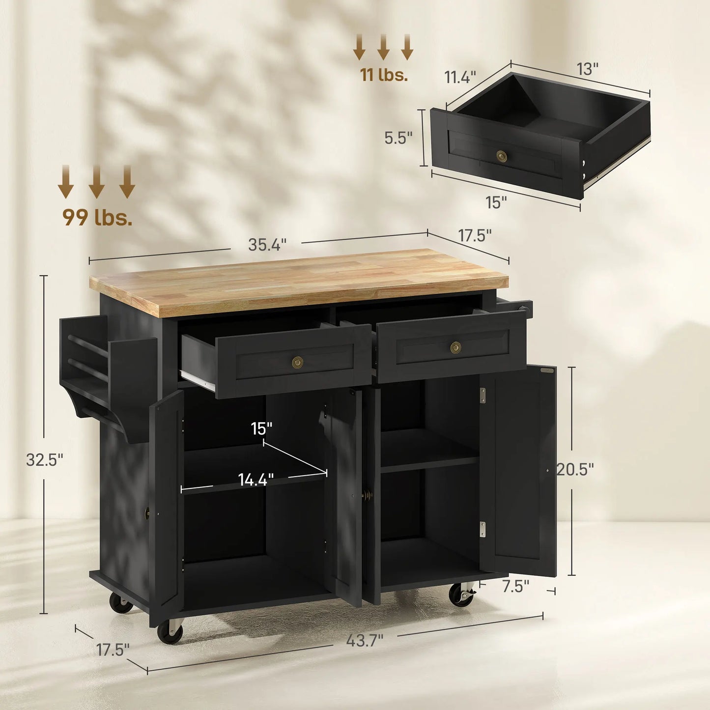 44-Inch Rolling Kitchen Island with Wood Top and Storage – Black