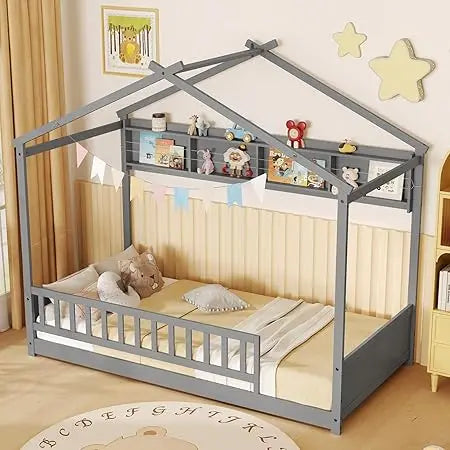 Giantex Floor Bed With Storage Shelf Headboard And Guardrail