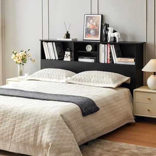 Wood Headboard With Storage And Adjustable Shelves With Four Compartments