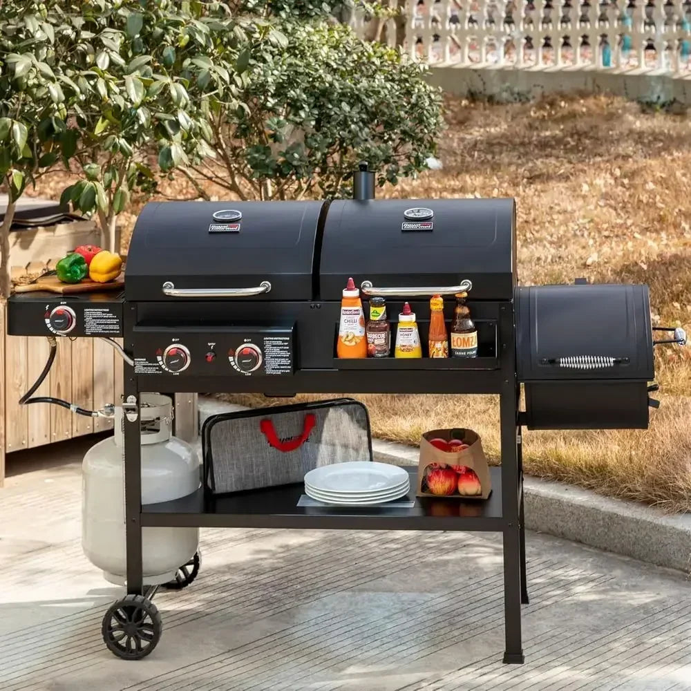 4-in-1 Dual-Fuel Gas & Charcoal Grill with Smoker & Side Burner