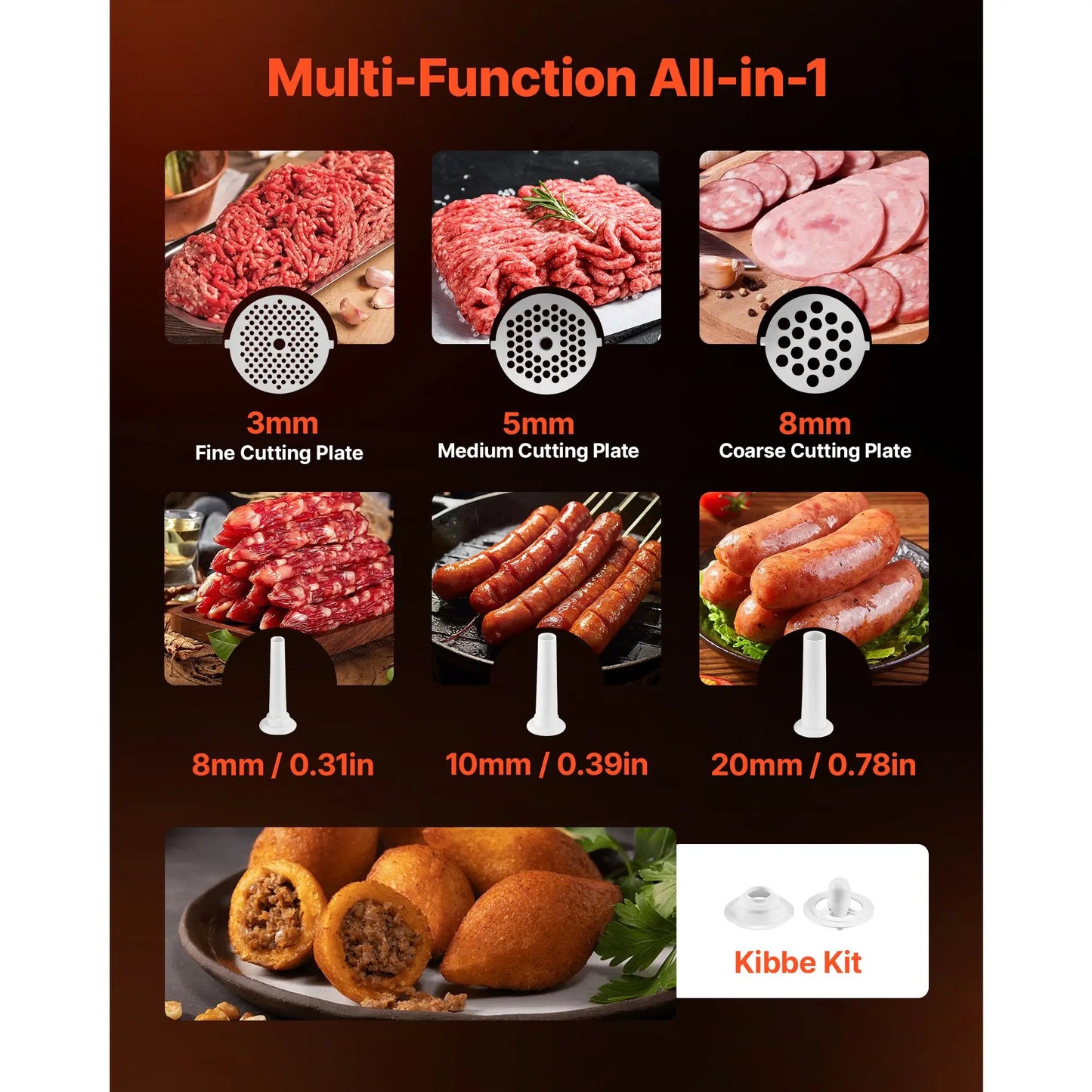#8 700W Electric Meat Grinder with Sausage and Kubbe Attachments