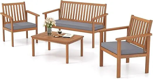 Acacia Wood Patio Sofa Set With Coffee Table And Cushions