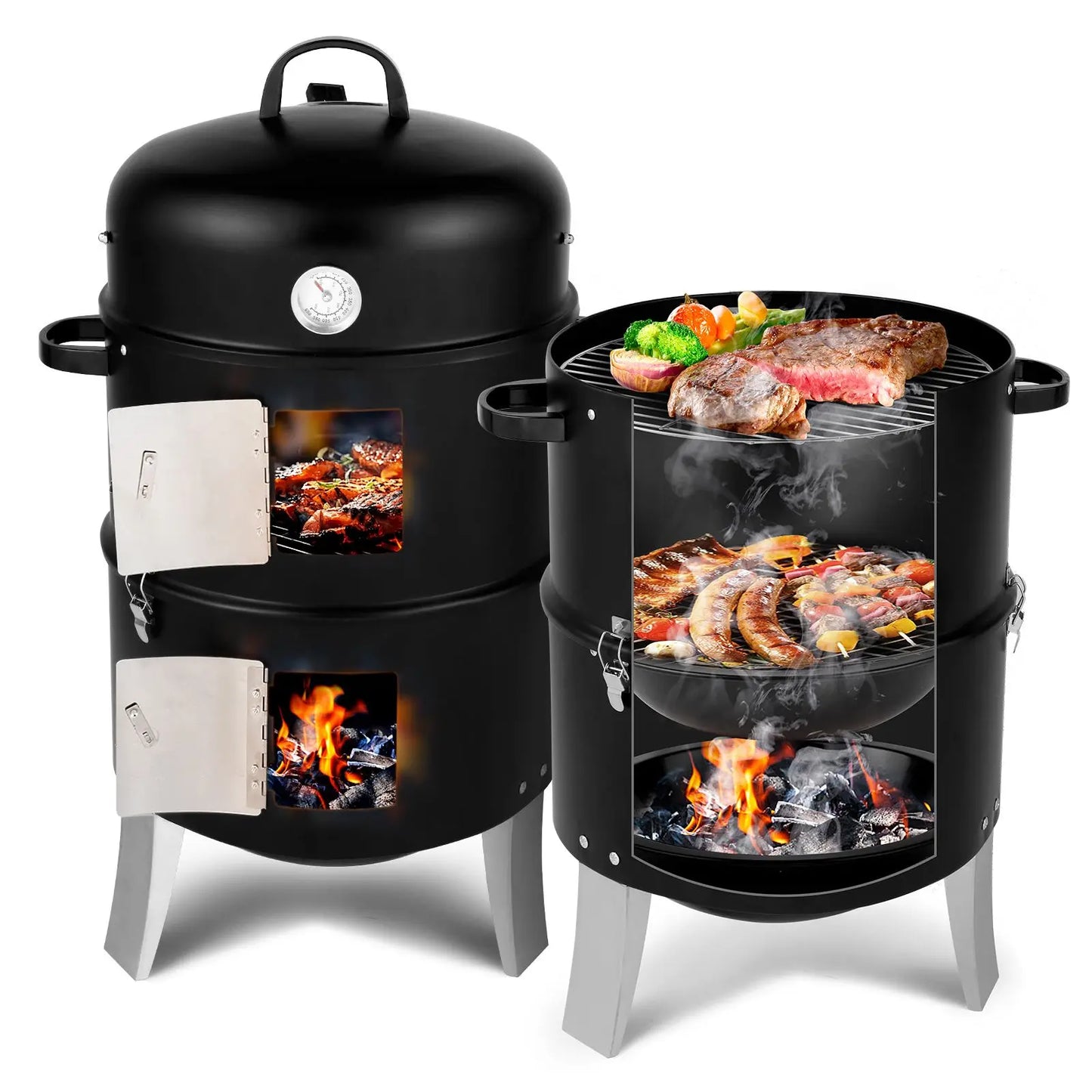 Vertical Charcoal Smoker & BBQ Grill with Dual Cooking Grates