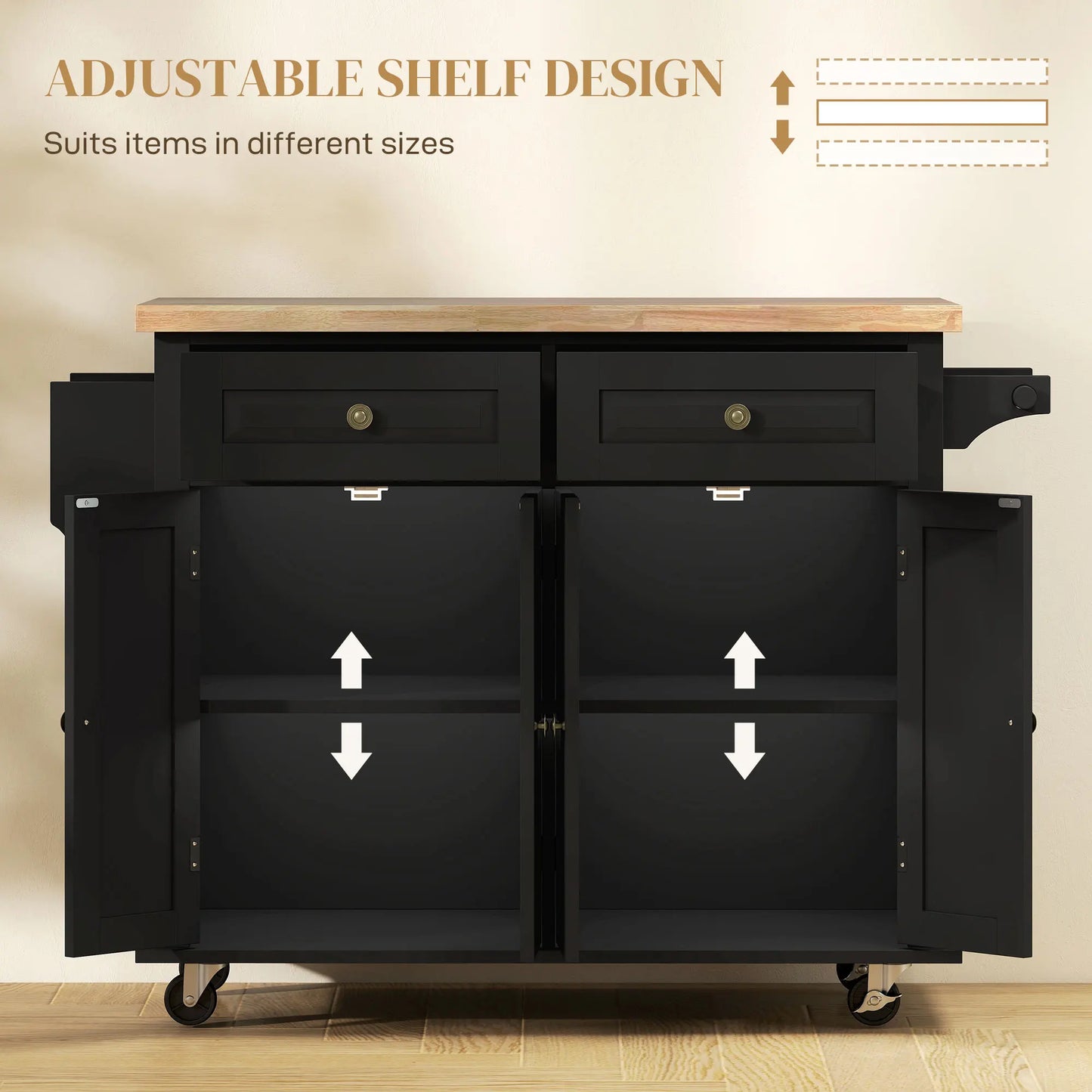 44-Inch Rolling Kitchen Island with Wood Top and Storage – Black