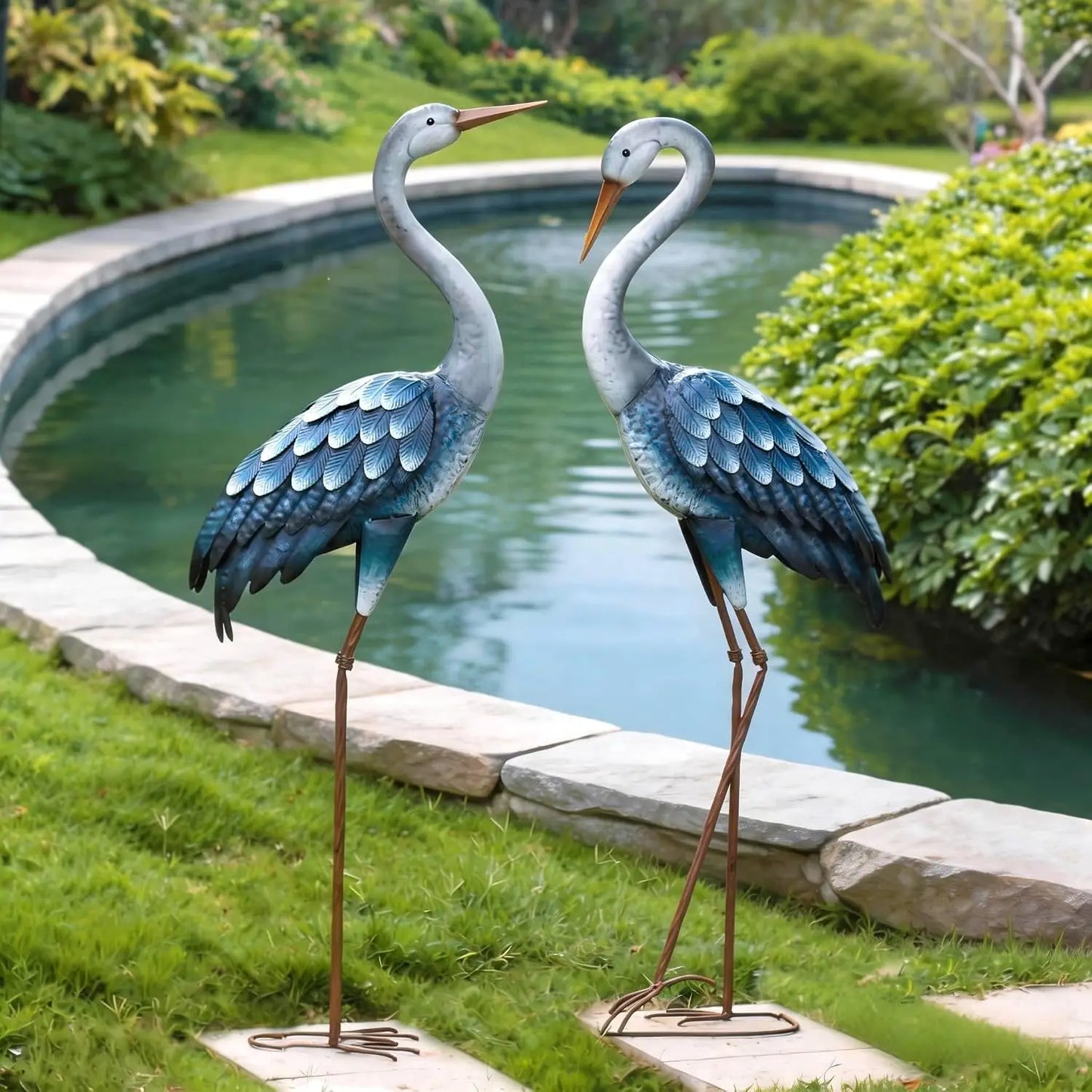 Metal Crane Yard Statue Garden Pond Outdoor Decor Ornament