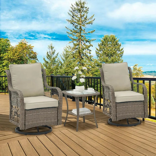 Wicker Outdoor Patio Set With Glass Table And Swivel Chairs