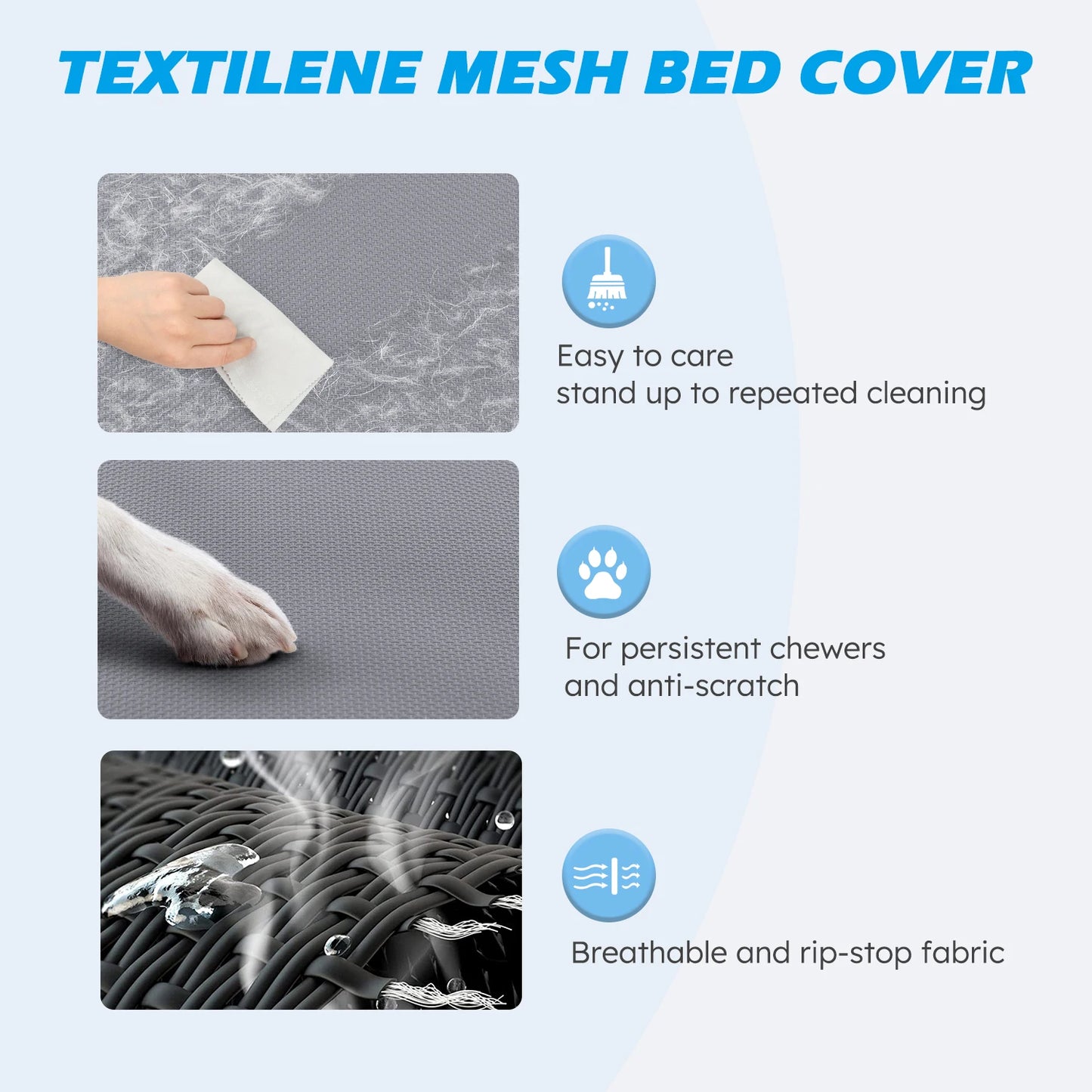 Textilene mesh bed cover with features highlighted on a light blue background