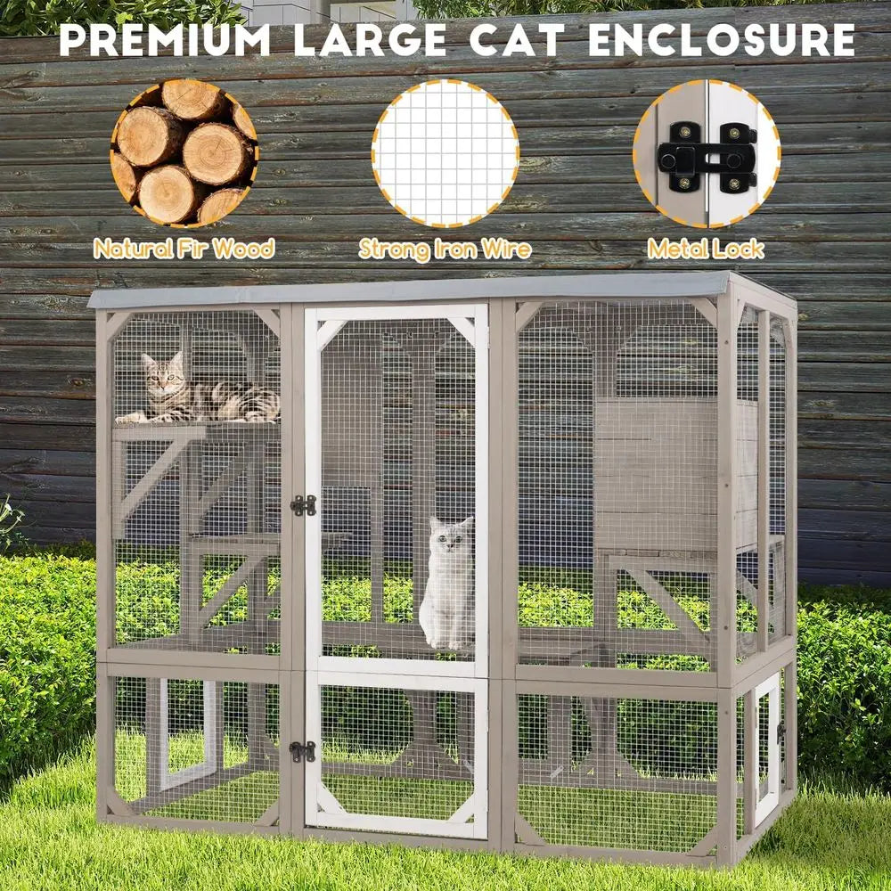 Wooden Outdoor Cat Catio with Platforms &amp; Resting Box