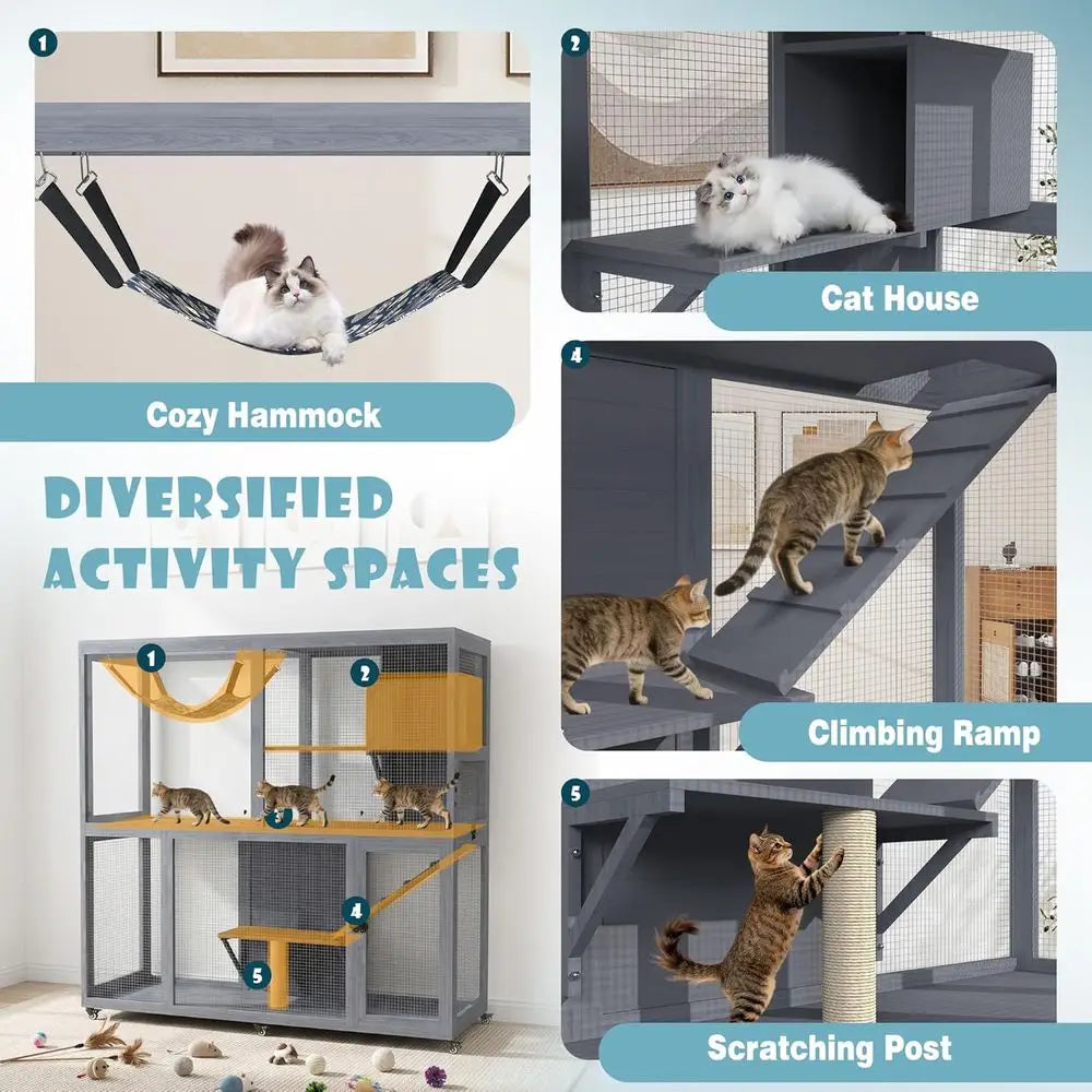 Catio Outdoor Cat Enclosure on Wheels, 4 Tier Large Cat House or Multiple Cats with Resting Box and Hammock, Indoor Wooden Kitty