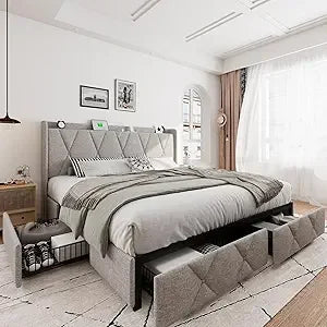 Upholstered Wingback Platform Bed With Storage Drawers And USB Charging