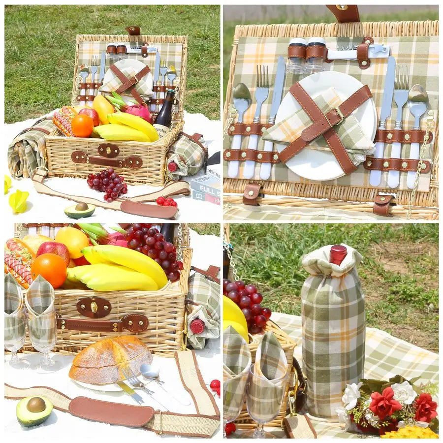 Picnic Basket for 2 with Blanket, Willow Picnic Basket Set with Shoulder StrapampWine Pouch, Large Willow Hamper with Insulated