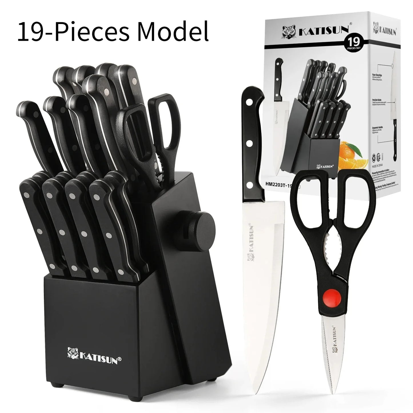19-Piece Stainless Steel Kitchen Knife Set with Built-In Sharpener