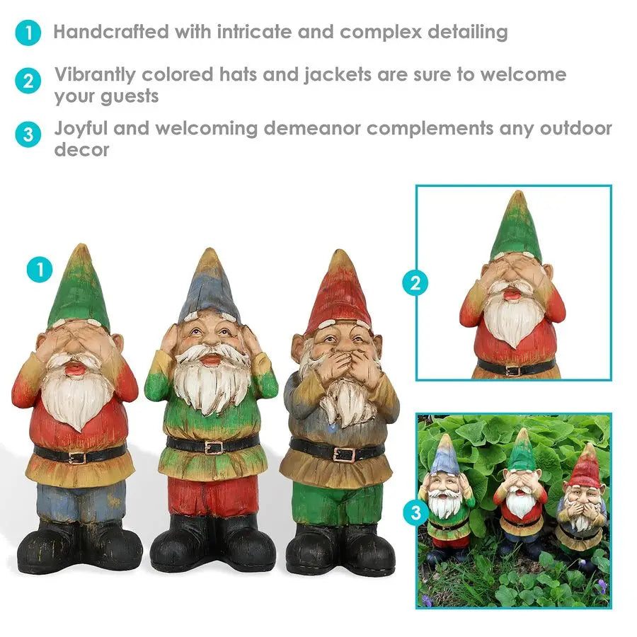 Three Wise Garden Gnomes Hear Speak See No Evil Statues
