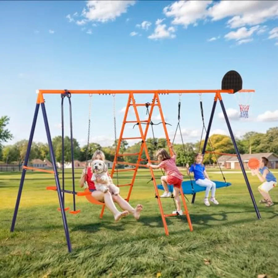 Outdoor Metal Swing Set For Kids With Swings And Trapeze