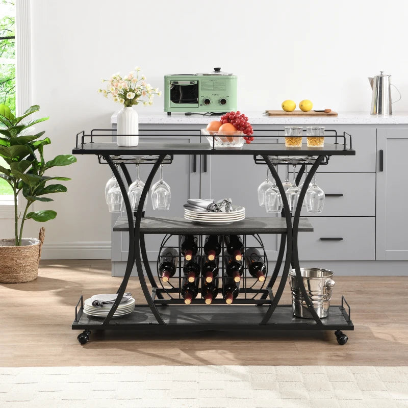Three Tier Bar Cart With Mobile Wine Glass Storage
