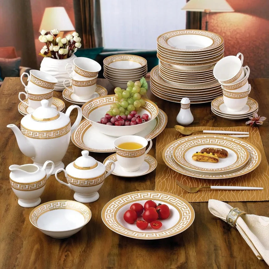Bone China Dinnerware Set With Greek Key Pattern For Dining
