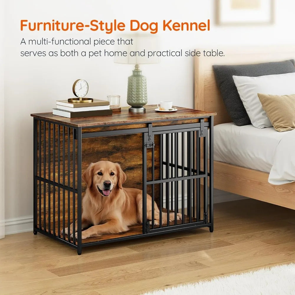 Heavy Duty Durable Dog Crate Table With Sliding Barn Door