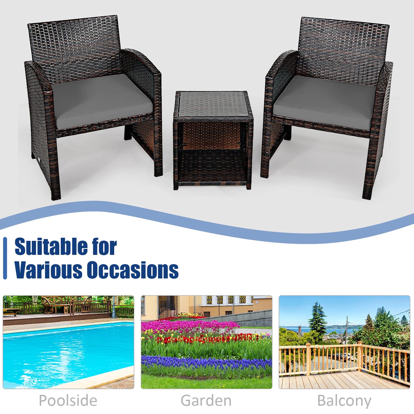 Three Piece Patio Rattan Wicker Outdoor Furniture Set
