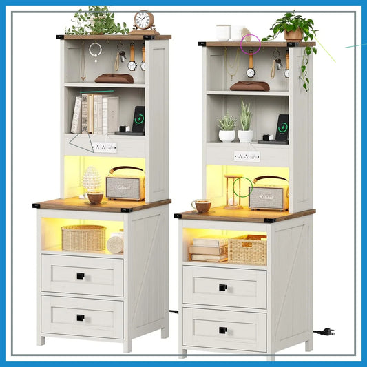 Farmhouse Nightstand Set With Charging Station And LED Lights