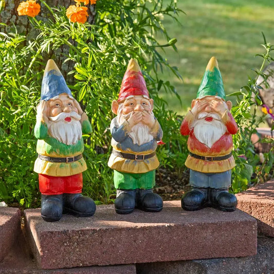 Three Wise Garden Gnomes Hear Speak See No Evil Statues