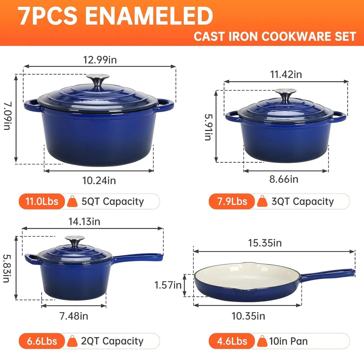 Nonstick Enameled Cast Iron Cookware Set 7-Piece for Gas Induction